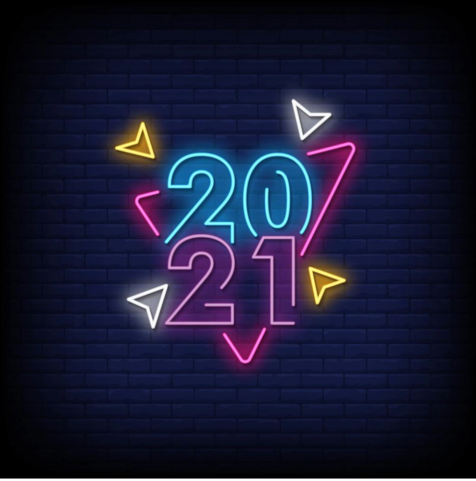 2021 written in bright neon lights - blue, purple, pink, yellow and white.