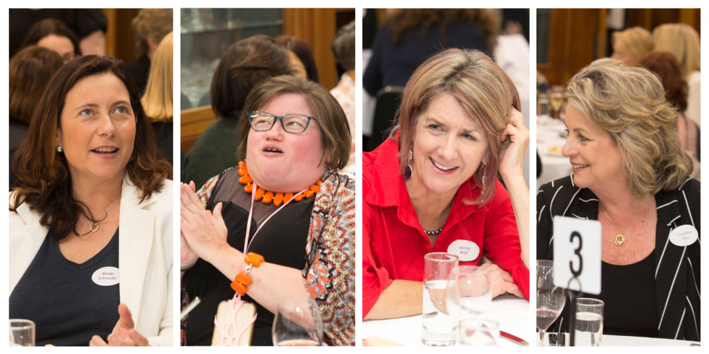 A collage of animated, in-coversation images of four women sitting around the sinner table - Kirstin Schneider, Liz Ellis, Jenny Britt and Caroline Pilot.