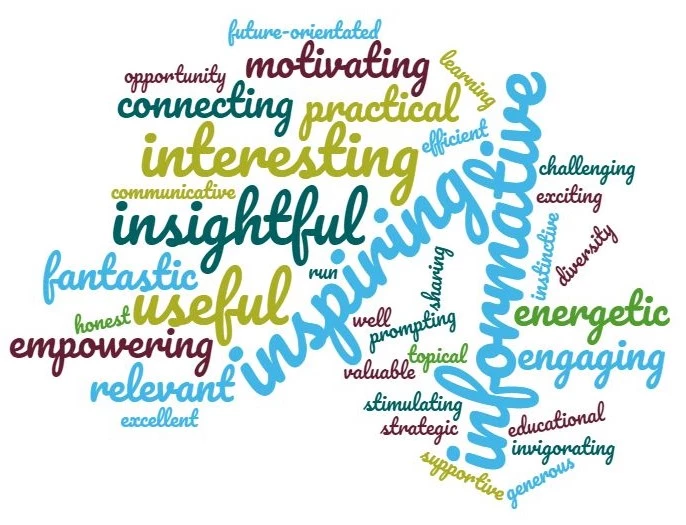 A collage of words provided as feedback from the women who attended November's Take on Board breakfast - insightful, inspiring, interesting, informative, etc.