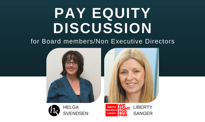 The banner ad for the pay equity forum. With headshot of Liberty Sanger and I.