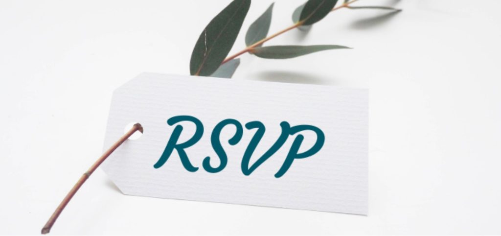 The acronym 'RSVP' is printed in blue on a tag attached to a gumleaf twig.