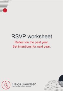 The cover of the RSVP worksheet. Red and black text on a great background. Swirls and circles in the top left and bottom right corner. The text says: 'Refelct on the past year. Set intentions for next year.'