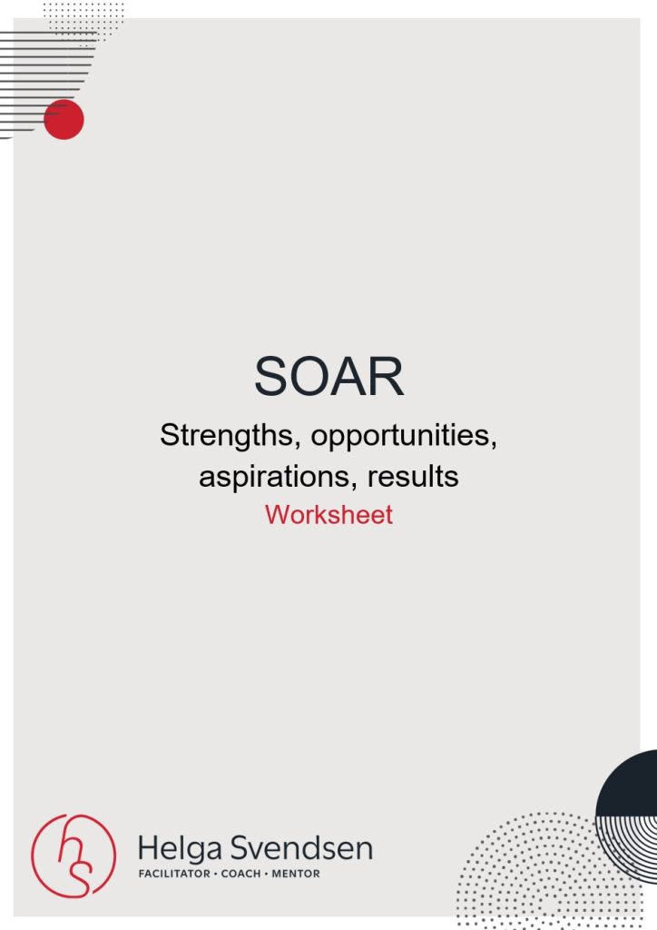 The cover of the SOAR worksheet. Black text on a grey background says 'SOAR strengths, opportunities, aspirations, results'. Red text says 'worksheet'.