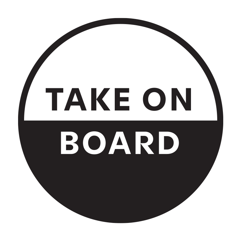 Take on Board logo. A black-and-white split into tow halves. 'Take on' in black font on a white background on top. 'Podcast is white font on a back background on the bottom.