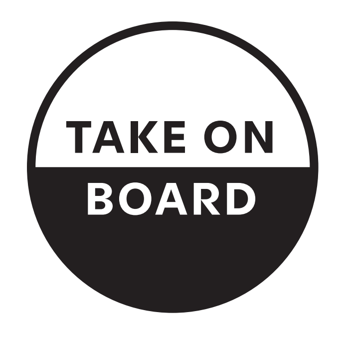 Take on Board logo. A black-and-white split into tow halves. 'Take on' in black font on a white background on top. 'Podcast is white font on a back background on the bottom.